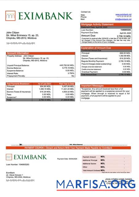 Blank Moldova EximBank mortgage statement Word and PDF template